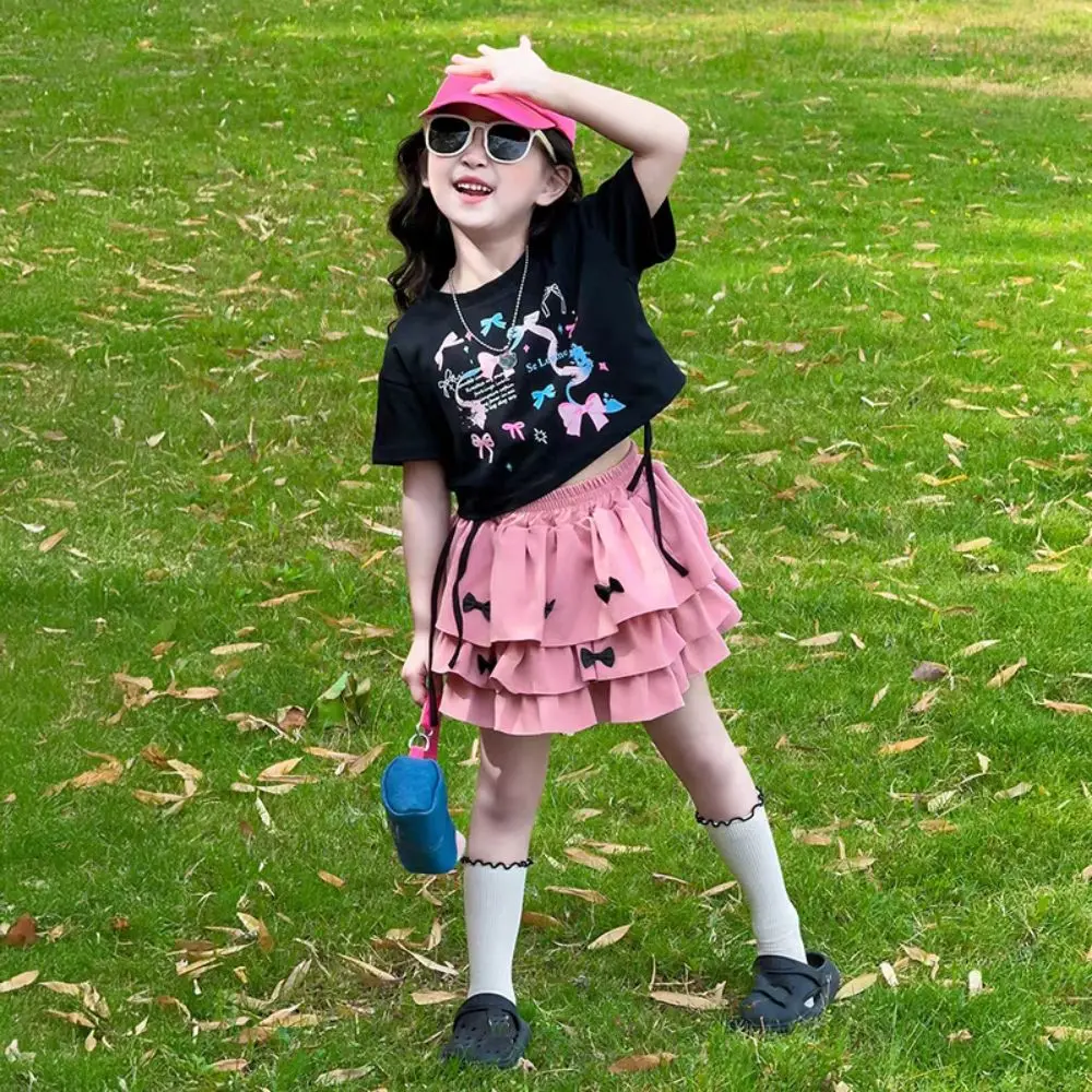 

Two Pieces Set Y2K Bow Children Cake Skirt Set Pleated Slim Fit T-shirt Skirt Suit Sweet Teenagers Girls Clothes Set Kids