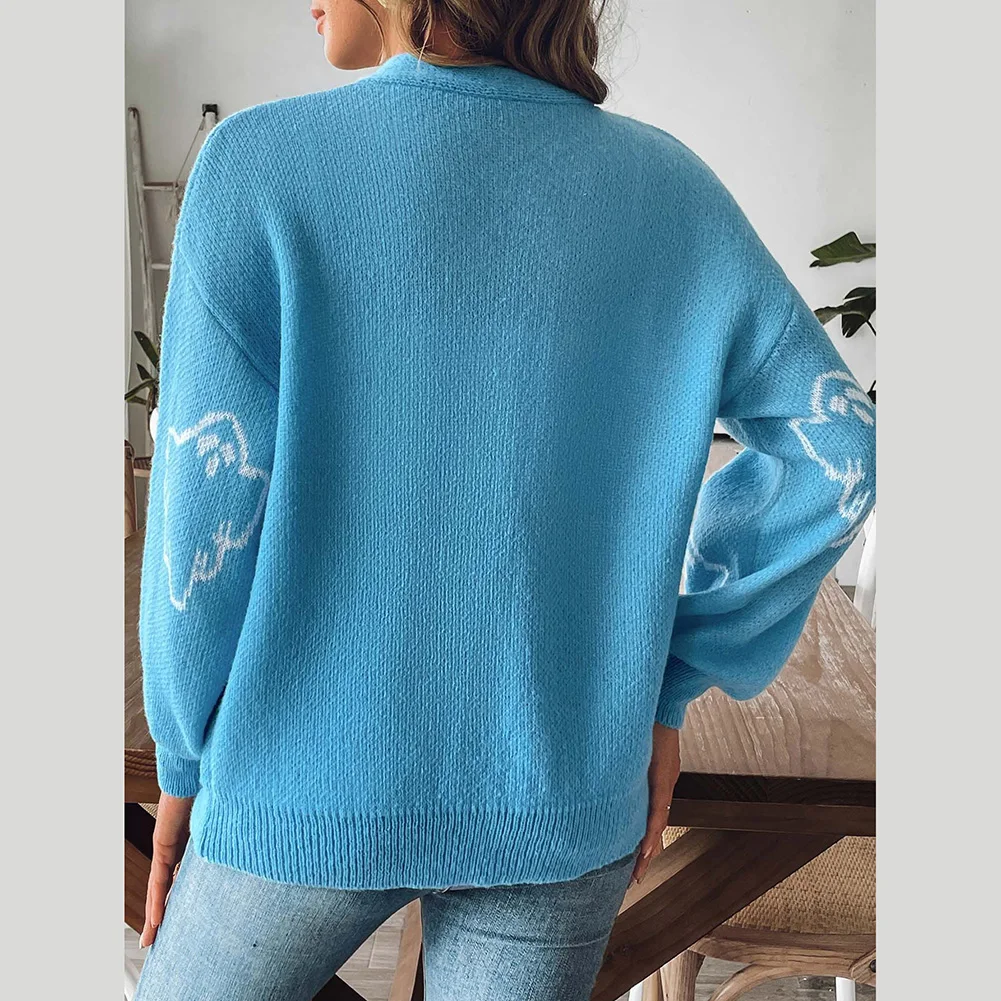 

Женский повседневный кардиган на пуговицах свободного кроя с мультяшным жаккардовым узором из полиэстера, подходит для повседневной носки и отпуска