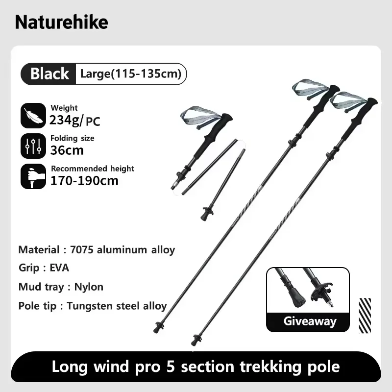 Naturehike-bastones de Trekking de viento largo, fibra de carbono 7075, aleación de aluminio, bastones ligeros plegables de cinco secciones para escalar