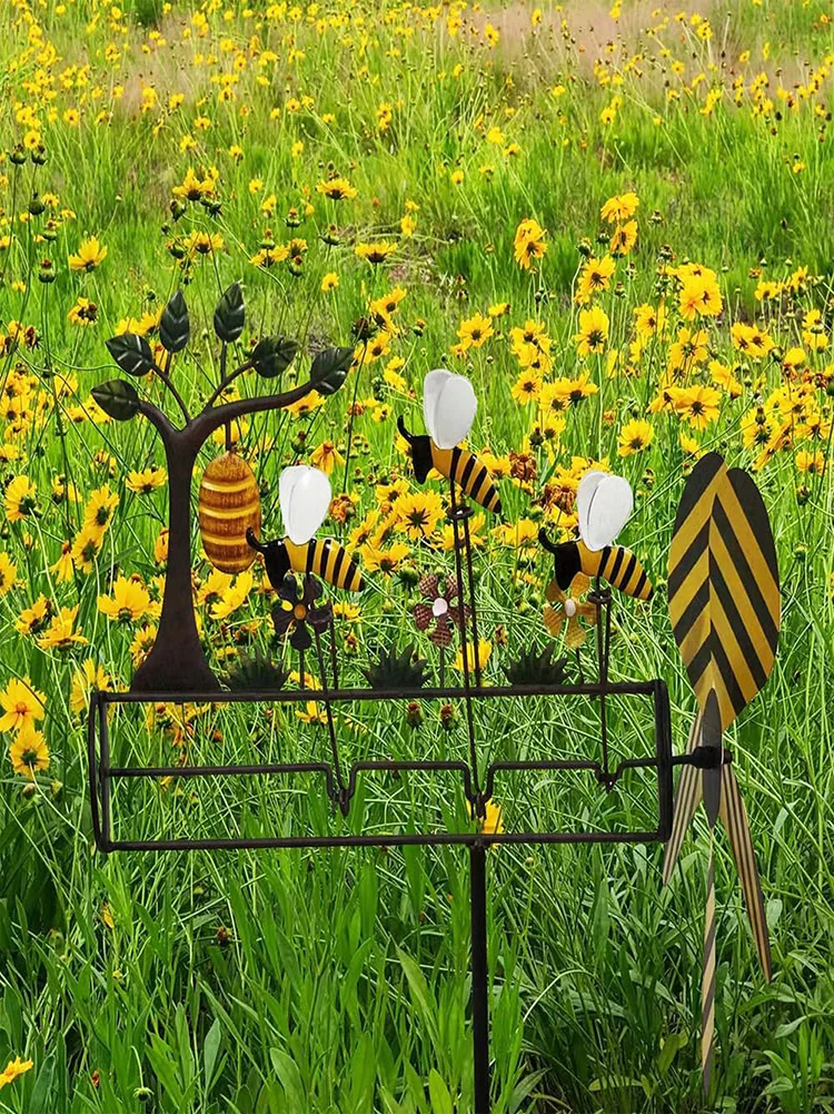 

Lovely Bee Whirligig Wind Spinner 3D Wind Powered Kinetic Sculpture Lawn Metal Wind Solar Spinners Yard and Garden Decor