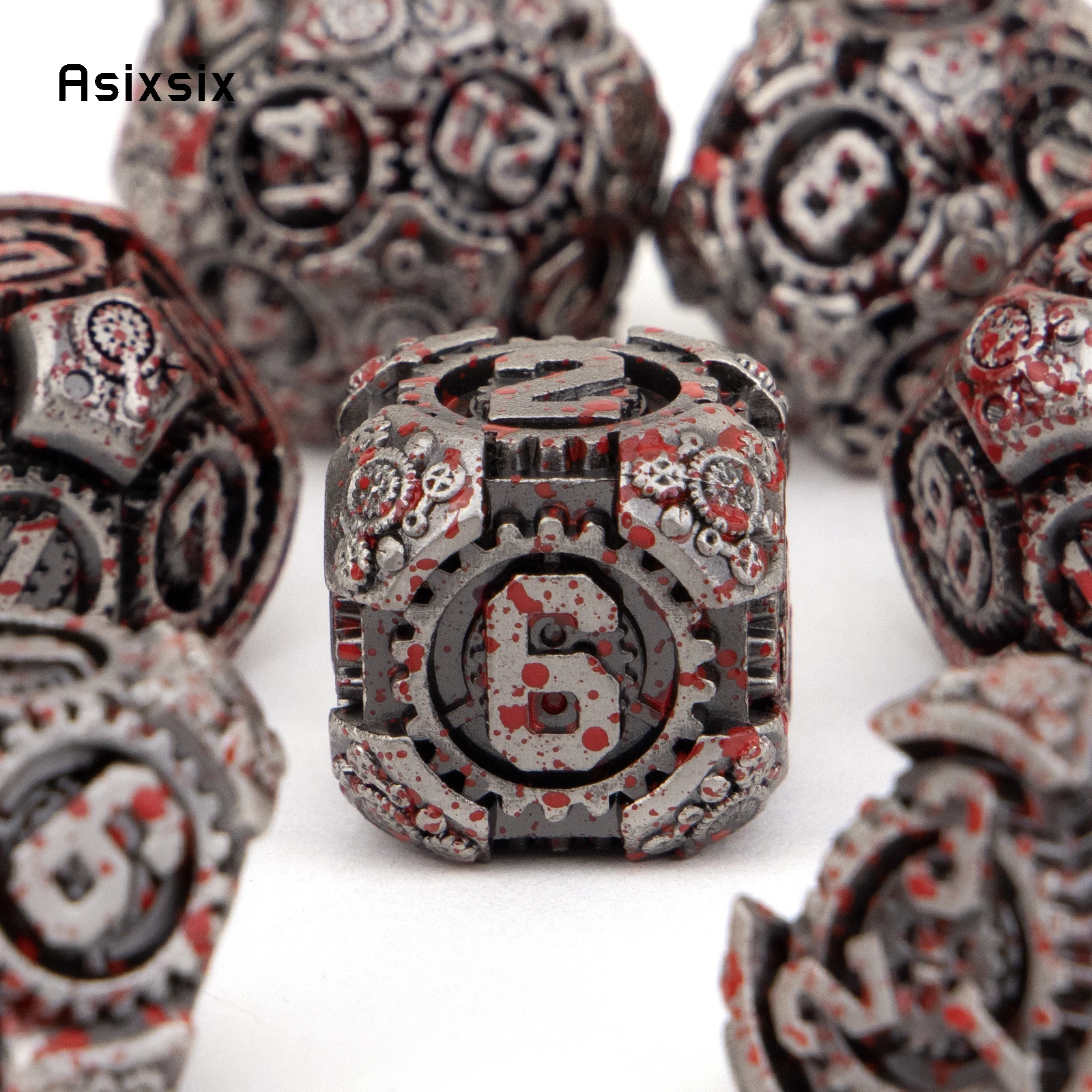 7 Pcs Silver Red Gear Wheel Metal Dice Solid Metal Polyhedral Dice Set Suitable for Role-Playing RPG  Board Game Card Game