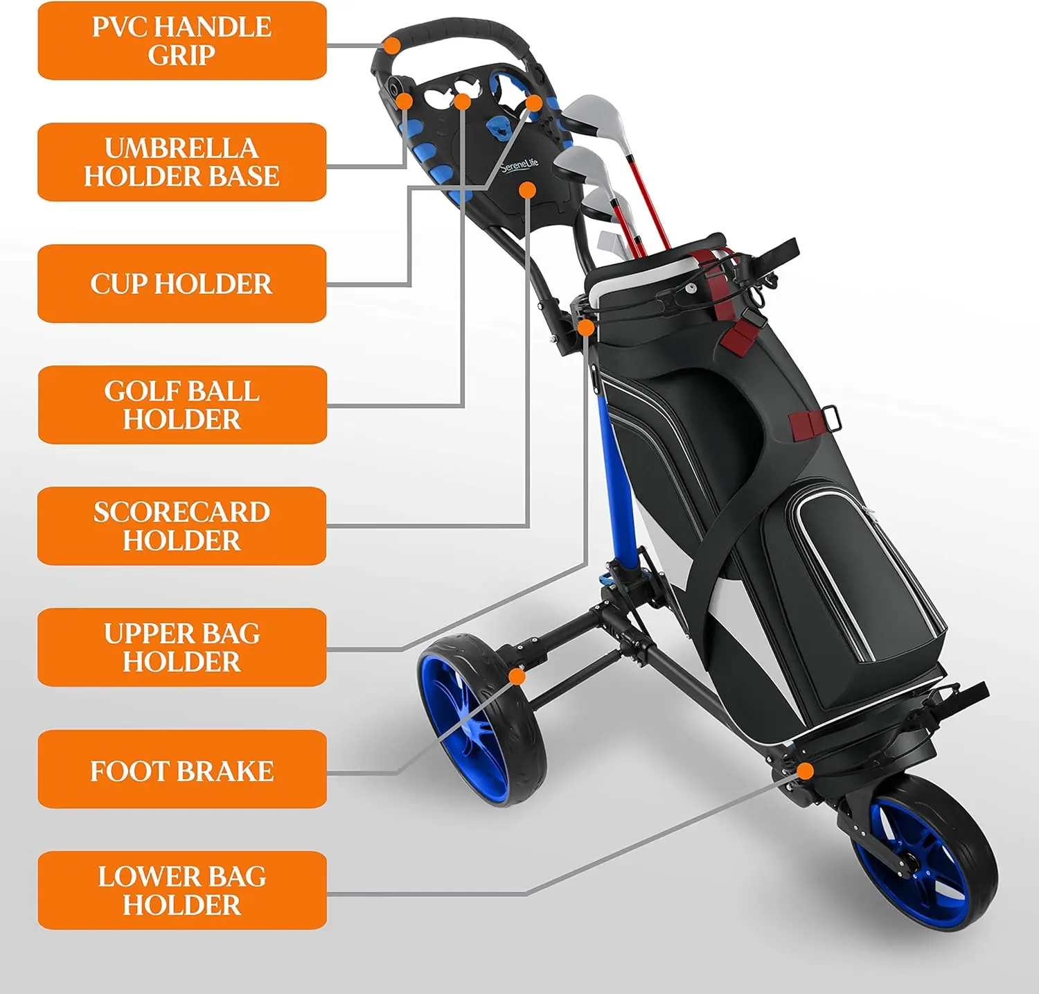 Carrito de empuje de Golf de 4 ruedas, carrito de empuje plegable ligero para caminar, soporte de bolsa de Golf con freno de pie/mango