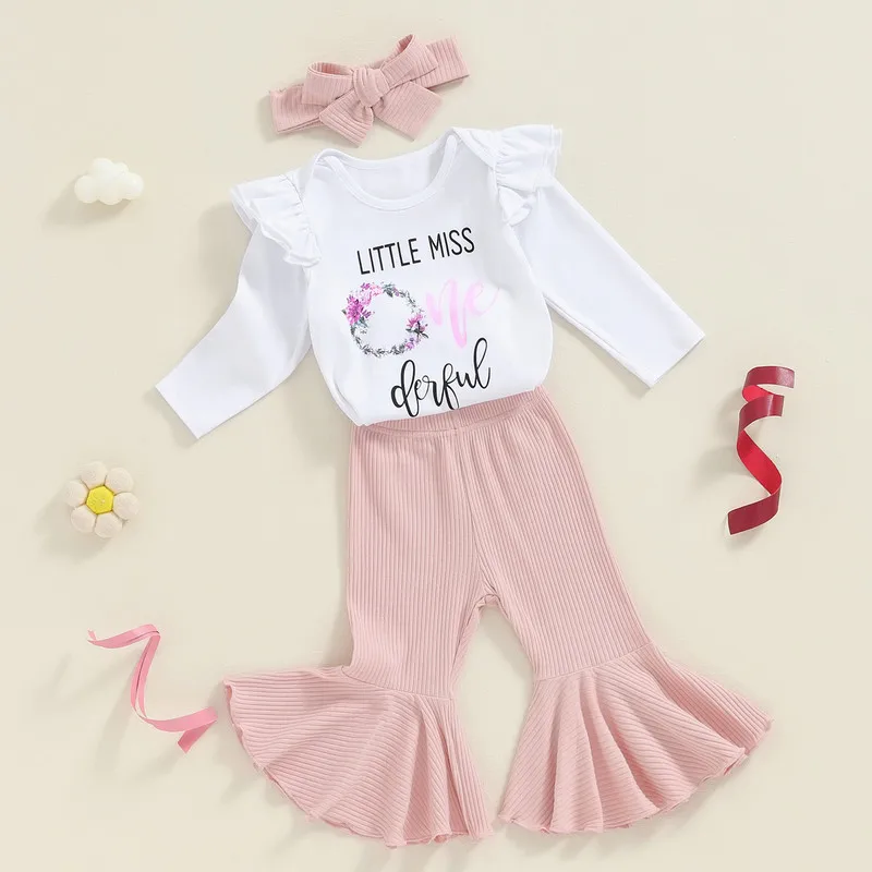 

Newborn Baby Girl Birthday Pant Sets Spring Autumn Clothes Letter Long Sleeves Bodysuit and Ribbed Flared Pants Headband