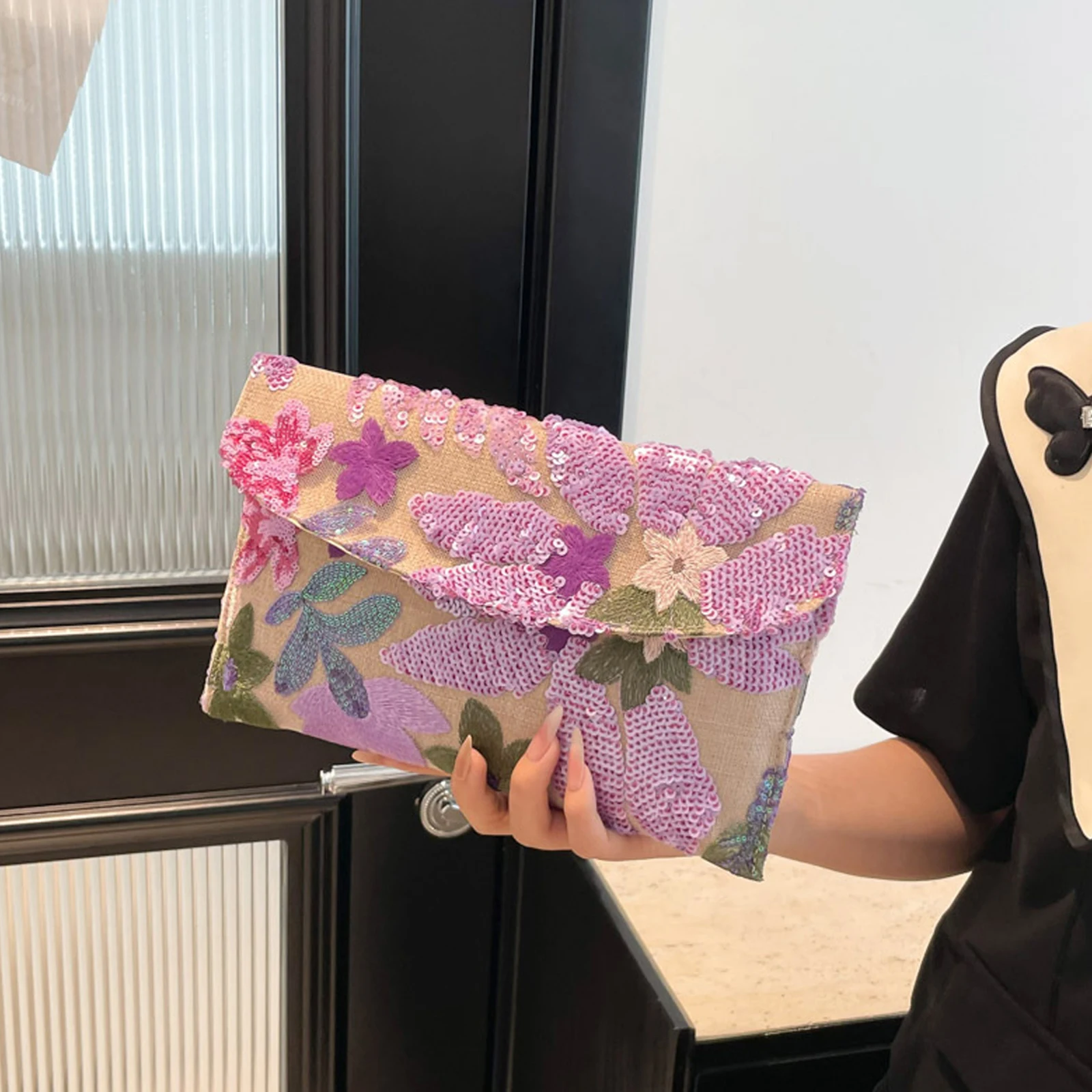 

Women Evening Bag, Sequined Flower Large Capacity Clutch Bag Lightweight Portable Cosmetic Storage bag for Daily Party