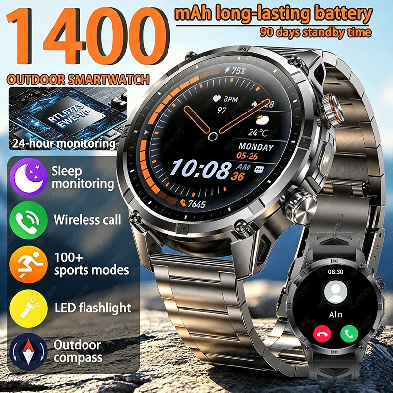 2026 New Bluetooth Call Smartwatch for Men Full Touch Screen with Health Monitor 1400mAh large battery LED Flashlight SmartWatch