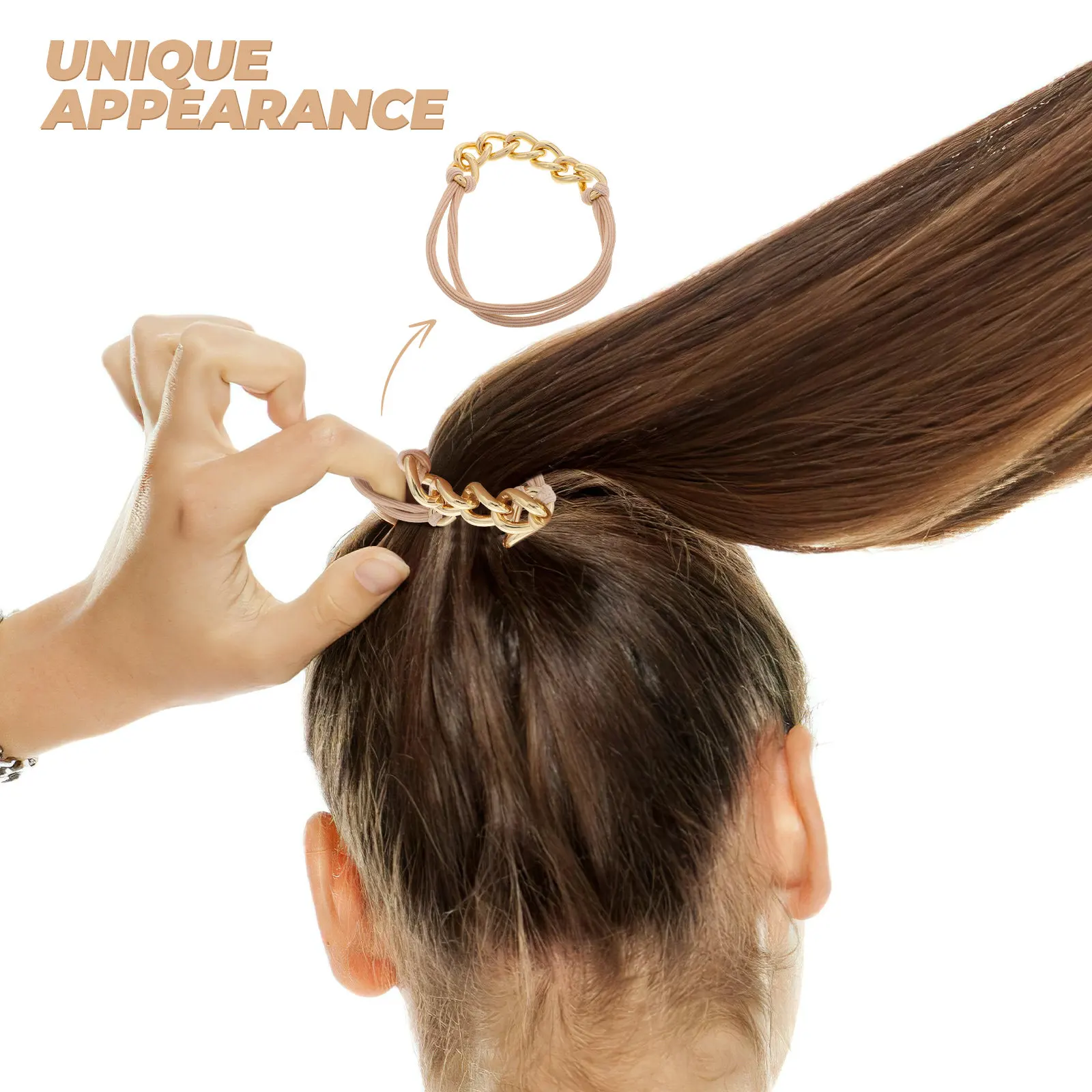 Electroplated Alloy Metal Chain Hair Tie Bracelet Golden Elastic Ponytail Holder for Women Thick Curly Hair Wristband Ring