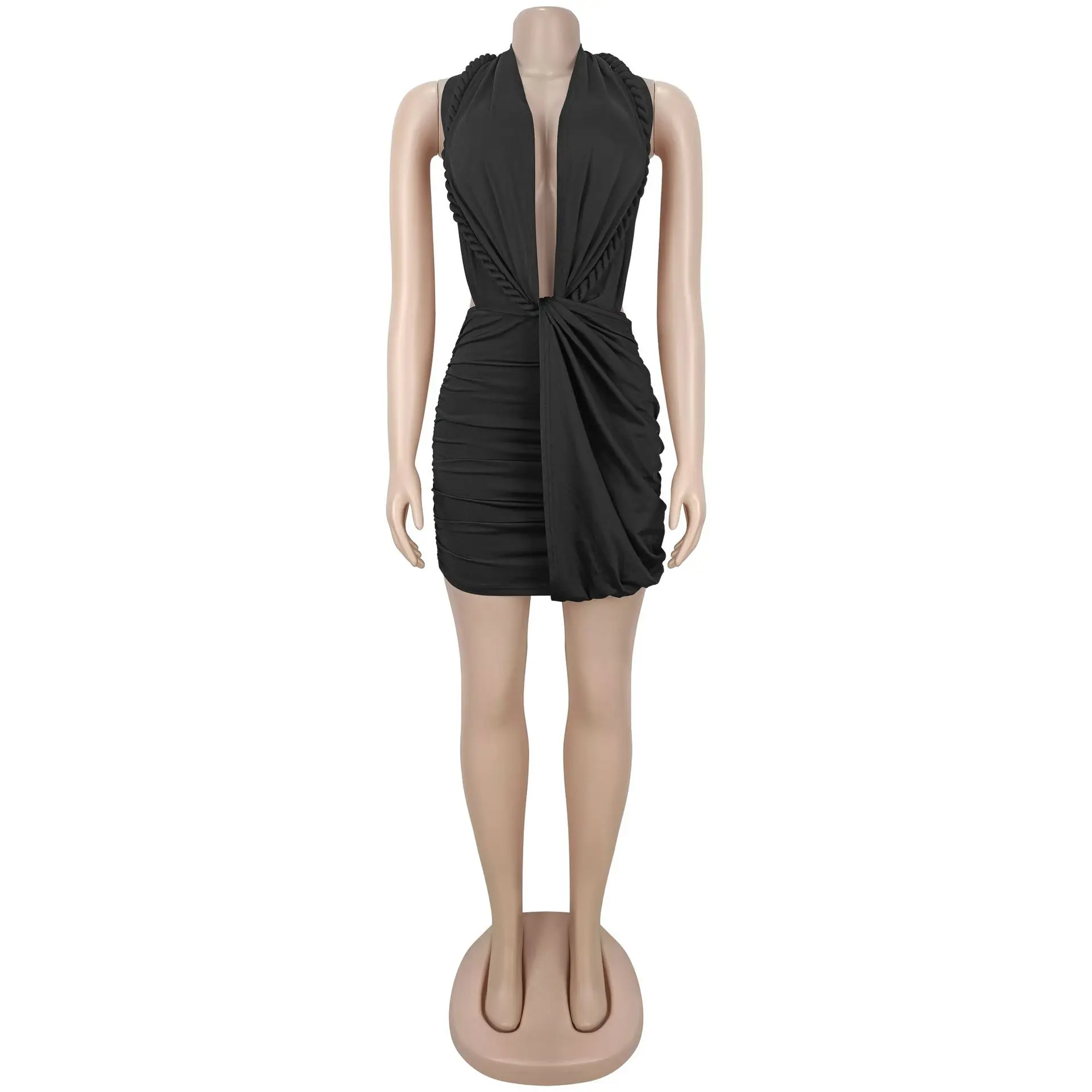 2026 Neues Damen Geflochtenes Wickelkleid mit Neckholder, Tiefem Ausschnitt und Rückenausschnitt, Sexy Geballtes Minikleid mit V-Ausschnitt für Geburtstag und Clubwear – Detail 8