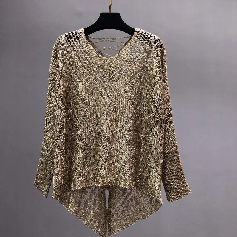 Women Clothing Shiny Easing Is Hollow-out Sweater Lazy Oaf Fall Fashion Women Sweters for Women Off The Shoulder Sweater
