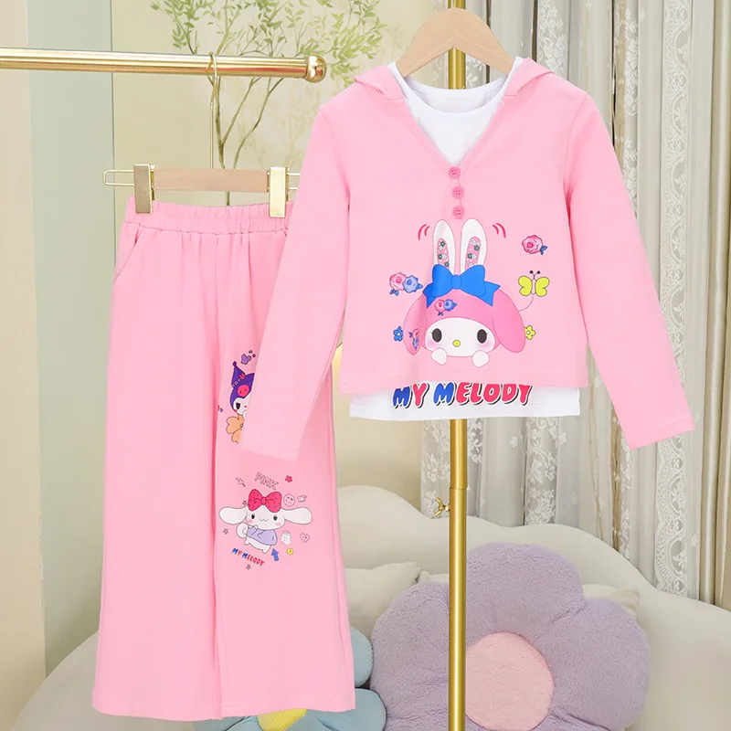 

Sanrio Girls Autumn T-Shirt Long Sleeve Pants Set Pure Cotton Hooded Vest Three-Piece Set Cartoon Kuromi New Girls Clothing