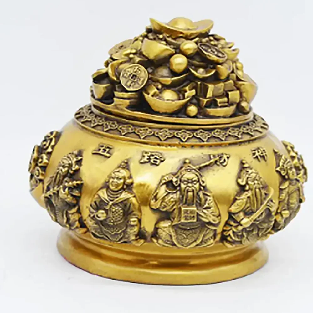 Brass Relief Five Way God of Wealth Cornucopia Household Buddha Incense Burner Ornaments