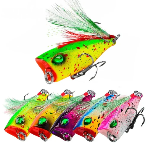 Imagen 2 del producto Mini Popper Topwater cebo duro 43mm 4g Señuelos de pesca Wobblers artificiales aparejos de plástico con anzuelos de plumas para pesca con caña