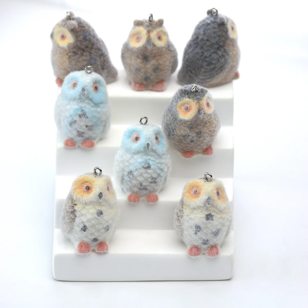 16pcs 3D Flocking Resin Owl Charms Plush Dolls Pendants for Necklace Braceket Earring Making DIY Jewelry Accessories Wholesale
