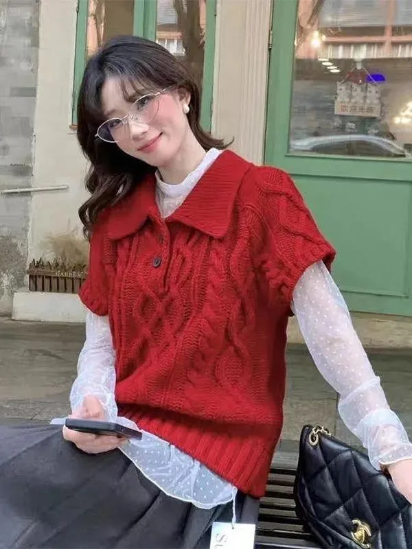 

Korean Style Neck Sweater Vest Women's Versatile Layering Short Sleeve Knitted Top Fashionable Warm Loose Fit Spring