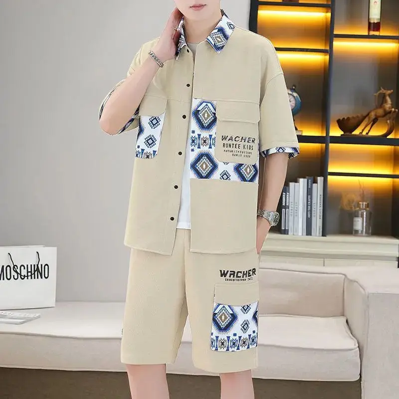 

Fashionable 2026 High-End Men's Workwear Short Sleeve Shirt And Shorts Two-Piece Set Polyester Fiber Summer Trendy Look