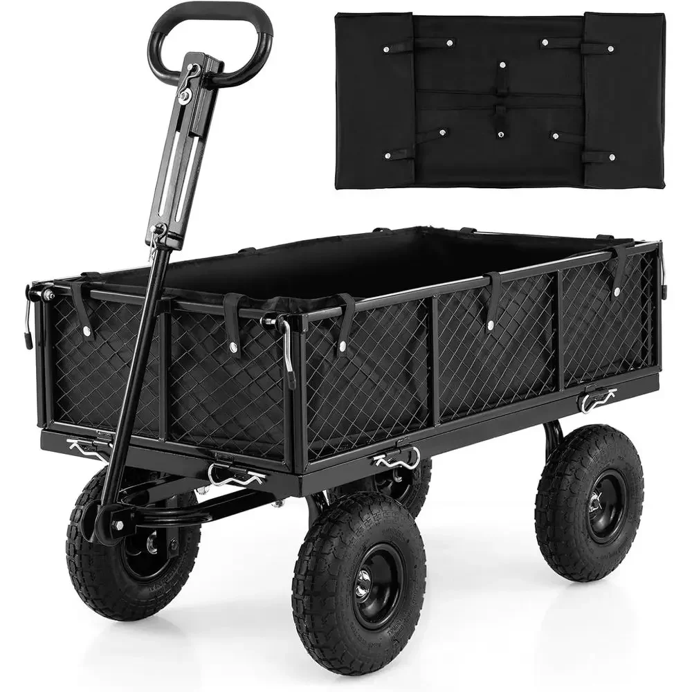 Heavy-Duty Garden Cart with Removable Liner and Mesh Sides, 10 Pneumatic Tires, 180° Rotating Handle