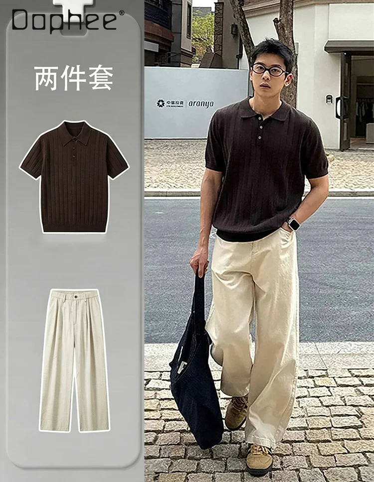 2026 Summer Men's Light Luxury Fashion Polo Shirts Suit Knitted Short Sleeve T-shirt Loose Casual Trousers Two-piece Set for Men