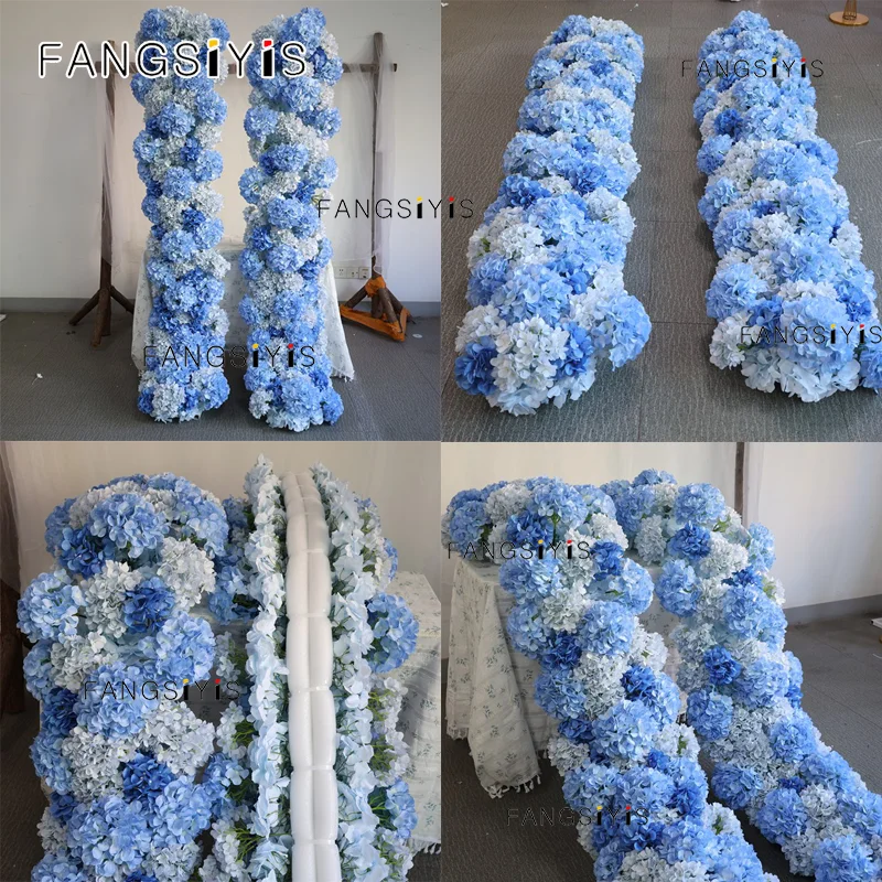 Decoración de arreglo Floral de hortensia azul/blanco, fondo de boda, camino de mesa para sofá, fila de flores, bola de flores grande, accesorios para eventos