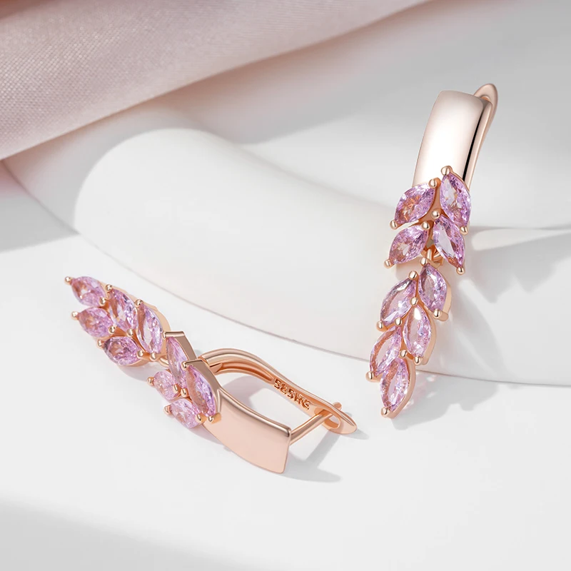 SYOUJYO Vintage Pink Zircon Leaf Earrings 585 Rose Gold Color British Ear Hook Luxury Dangle Earrings For Women Gift