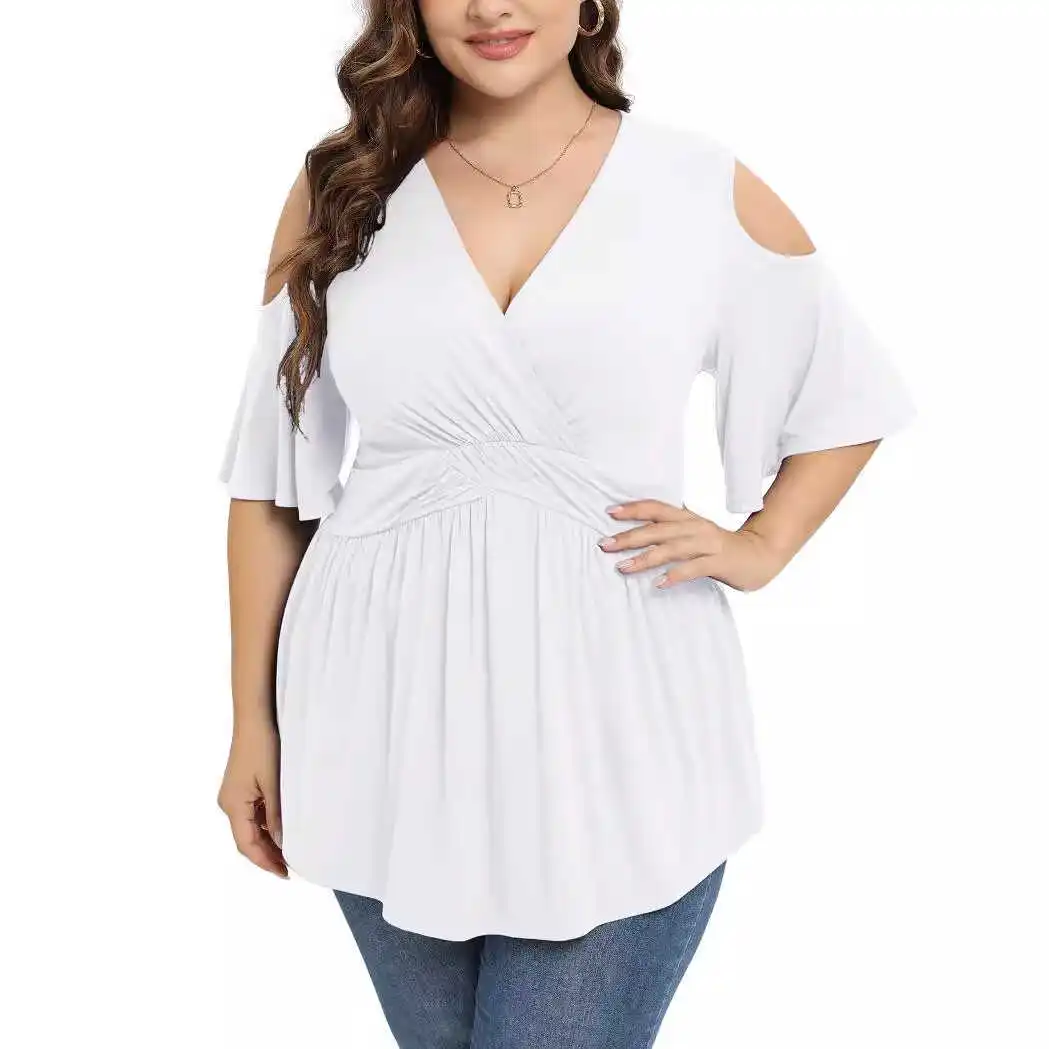Plus Size Dames Zomer T-shirt V-hals Top 5XL Loose Fit ort Sve Gedrukt Polyester Casual irt Hollow out Design