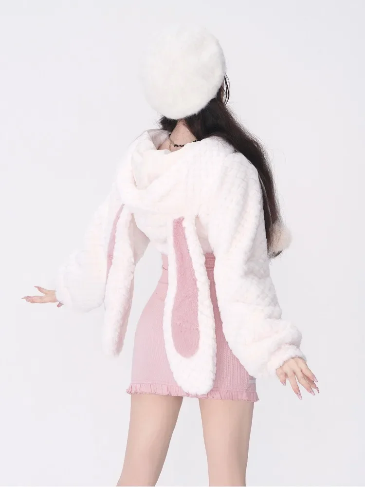 Japanese Lolita Kawaii Dress Suit Women Korea Sweet Cute 2 Piece Set Female Wool Rabbit Hooded Coat + Pink Party Mini Dress 2024