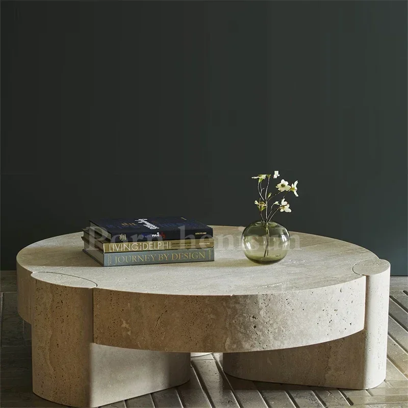 New Roman natural travertine round coffee table designer light luxury living room high-end tea table