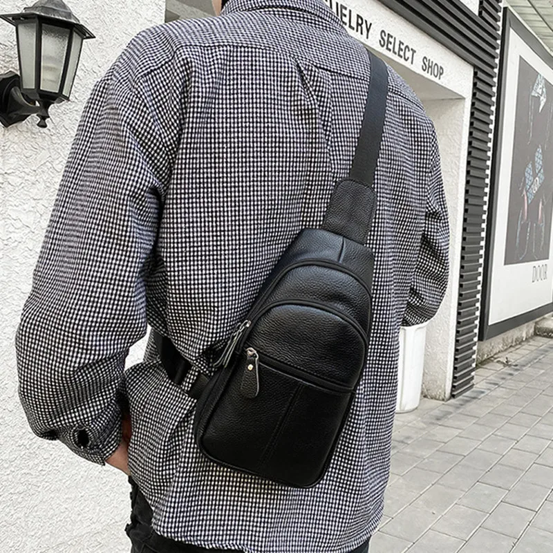 Simple Genuine Leather Chest Bag Large Capacity Men's Crossbody Bag Business Cowhide Messenger Bag Outdoor Sling Bag