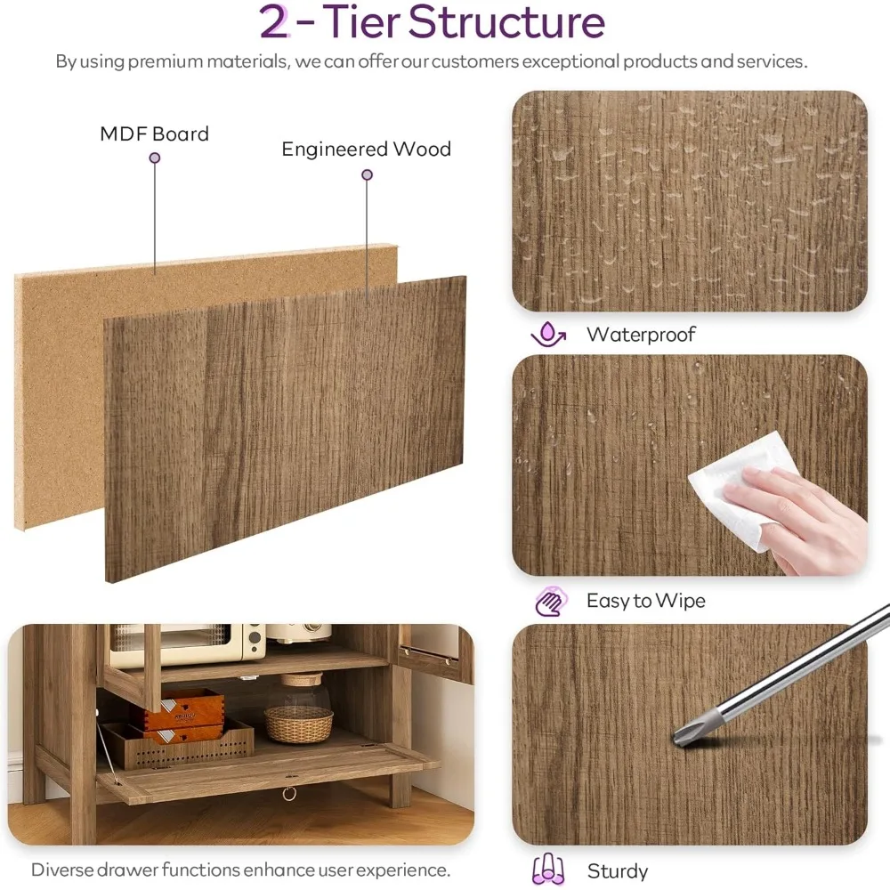 TYBOATLE 71 خزانة مخزن مقوسة طويلة مع درج مبتكر، خزانة مطبخ مع جهاز مضاد للرطوبة وباب زجاجي، متعددة الاستخدامات