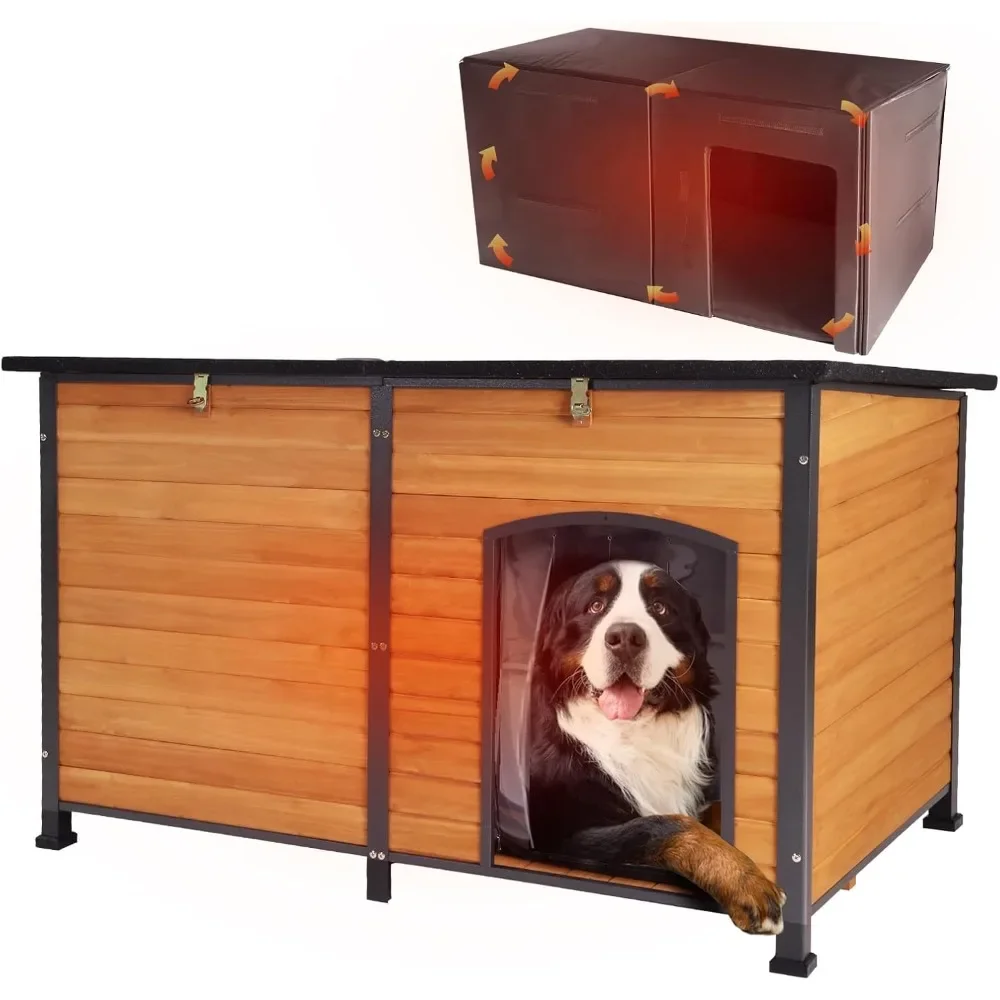 59'' Dog Kennel with Movable Insulation Liner, Dog House Extra Large Insulated, Weatherproof & All-Around Iron Anti-bite Frame