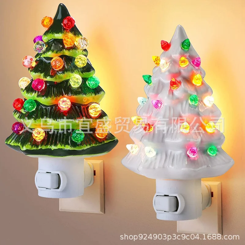 Ceramic Christmas Village Decoration Tree With Tree Topper Star Multicolored Lights For Ornaments Home Courtyard Ornaments Gift