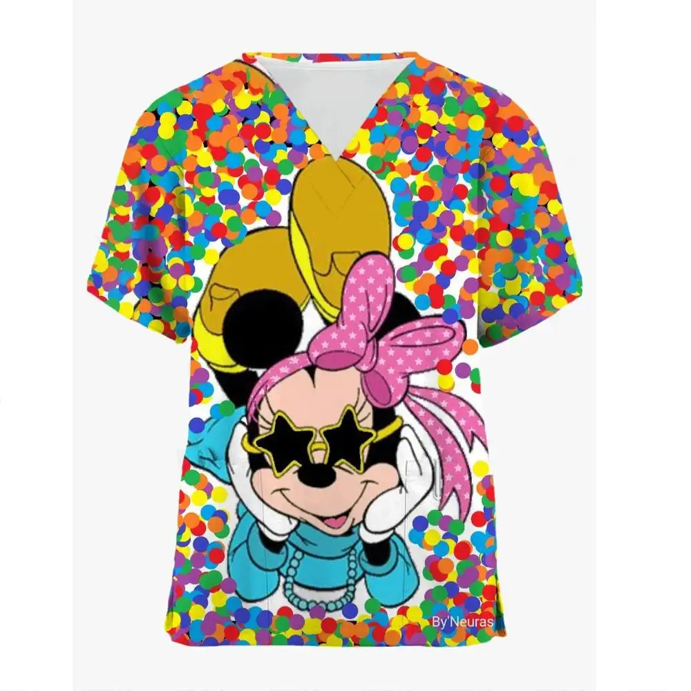 Disney Mickey Mouse Print Nurse Medical Uniforms V-neck Short Sleeve Pocket Workwear Top Scrubs Accessories Uniform