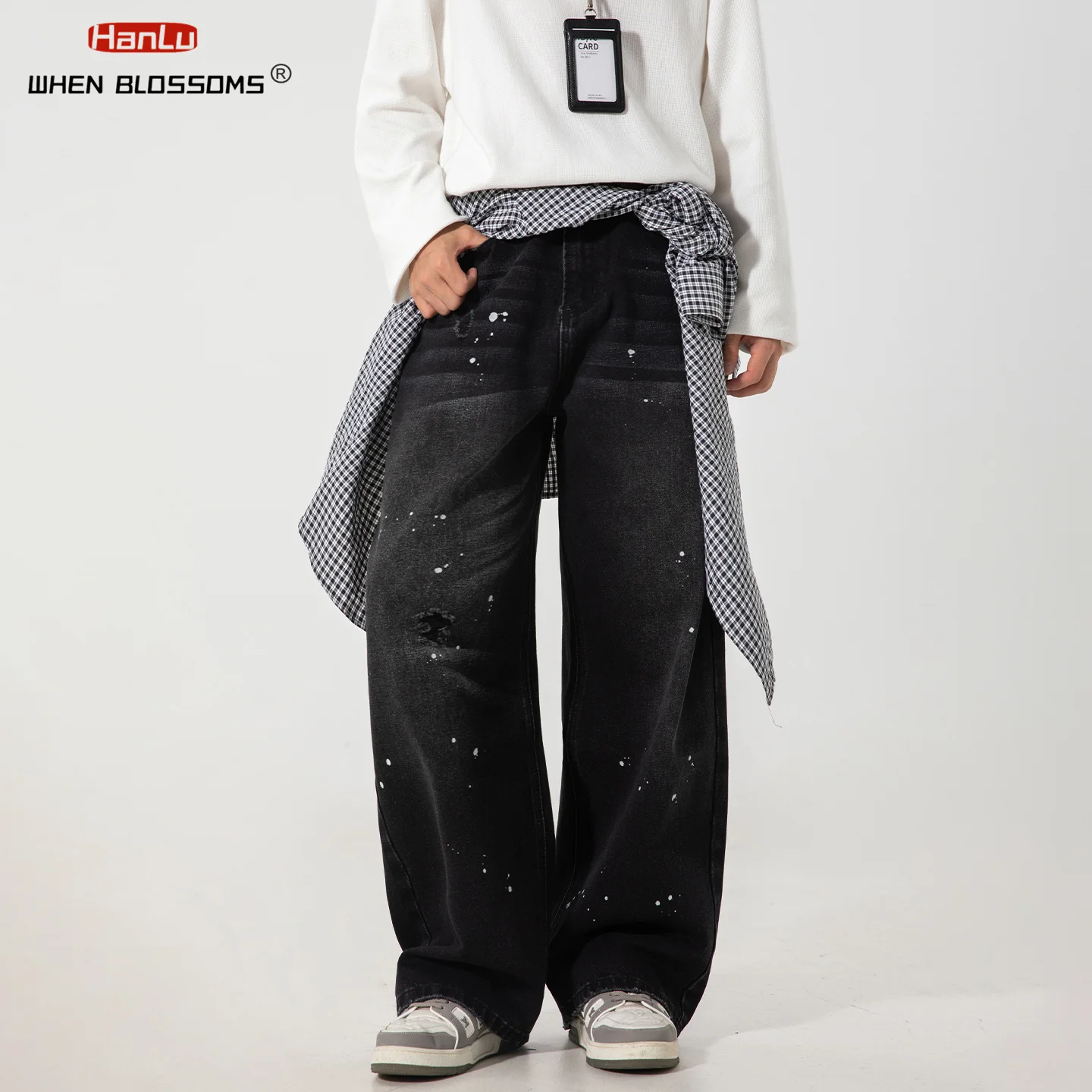 2025 masculino vintage lavado splatter jeans japonês relaxado ajuste perna reta angustiado denim calças de rua de grandes dimensões