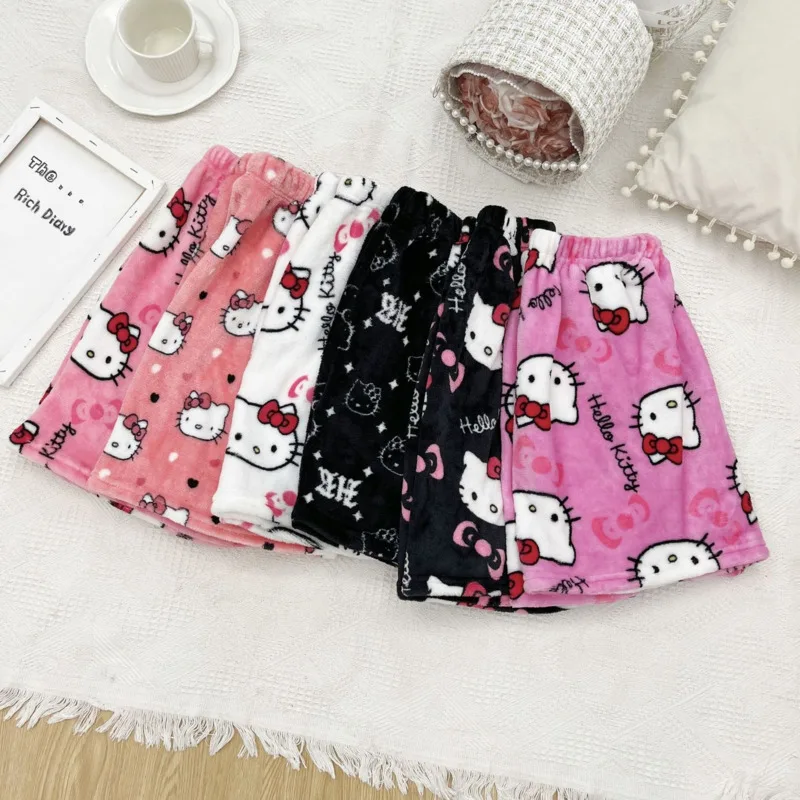 Sanrio Hello Kitty Y2k Shorts Flannel Soft Women's Pyjama Trousers High Waist Wide  Leg Hot Pants