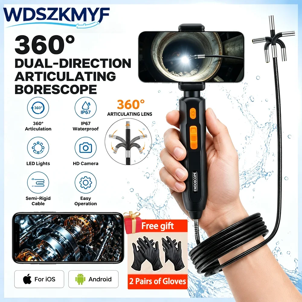New 4K UHD 360° Bidirectional Articulating Endoscope Borescope IP67 Waterproof Inspection Camera For iOS Android Smartphone