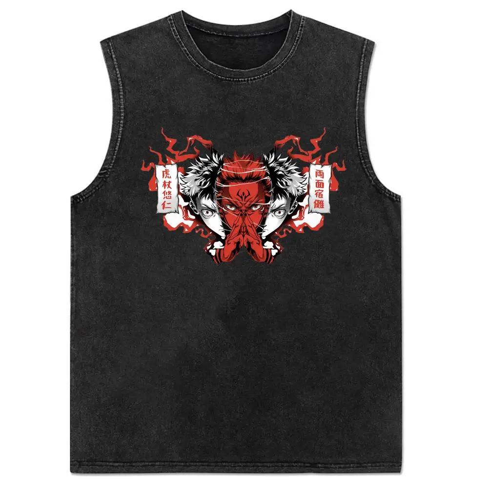 2024 New Vest Summer, Spell Back To War, Anime Printed Cotton Vest Men\'s Washed Retro Sleeveless T-shirt Ins