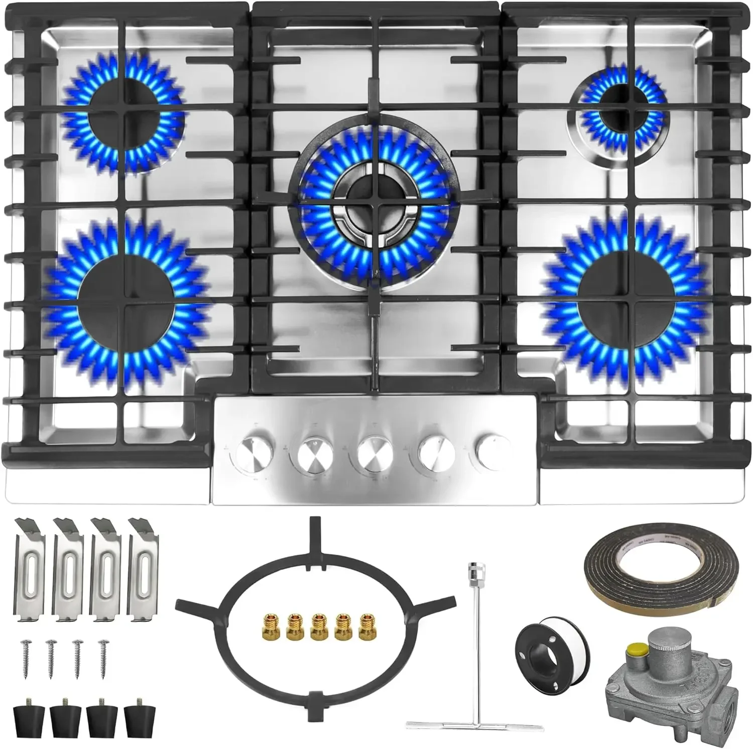 Table de cuisson à gaz de 30 pouces, dessus de cuisinière à gaz avec 5 brûleurs élevés, dessus de seau à gaz intégré en acier inoxydable pour la cuisine