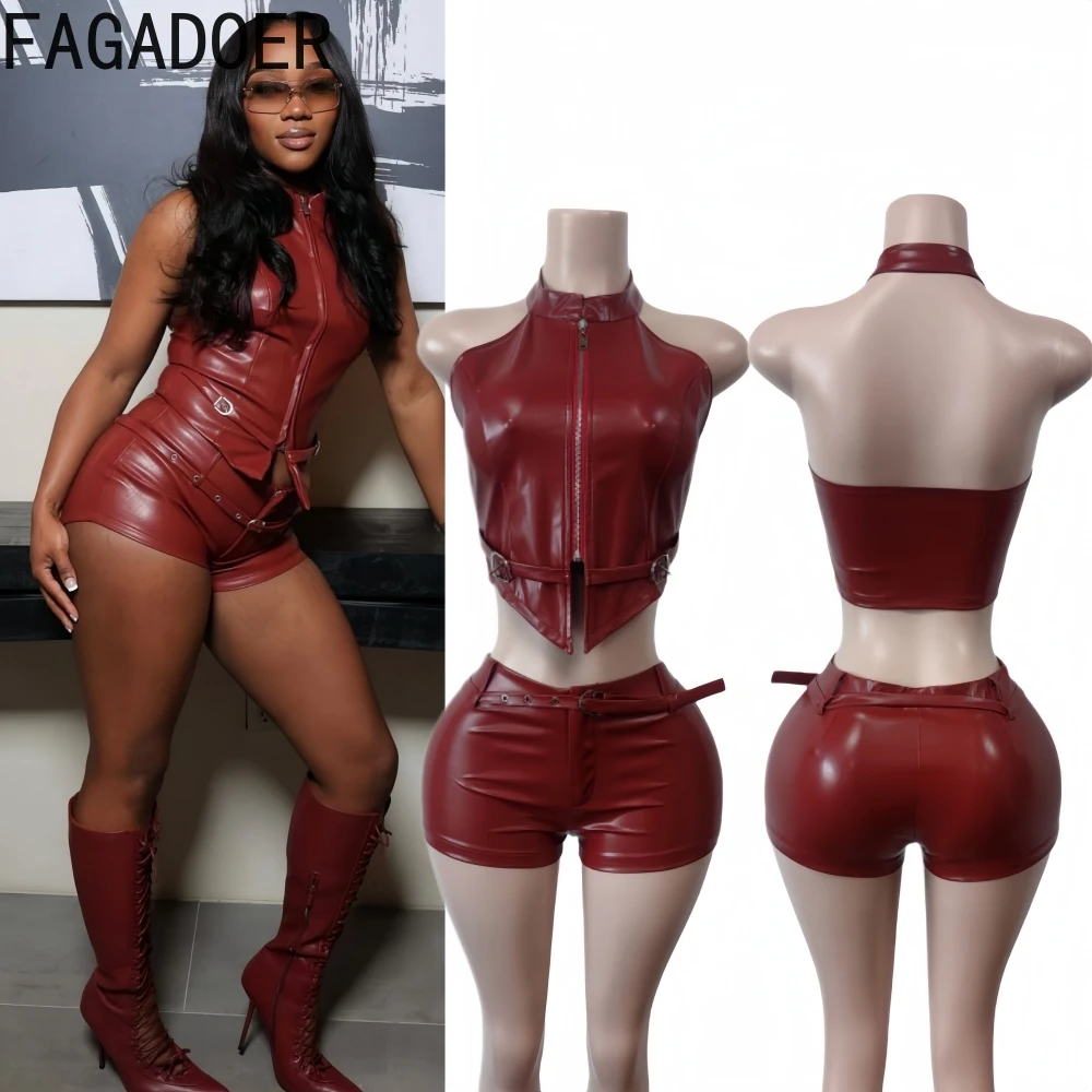 

FAGADOER Spring New Sexy 2 Piece Sets Woman Outfit Solid Color Leather Patchwork Crop Top + Shorts Matching Female Streetwear