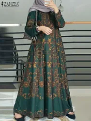 ZANZEA-vestido muçulmano estampado floral boêmio para mulher, manga comprida, vestidos com o pescoço, vestido maxi elegante, vestido vintage Abaya