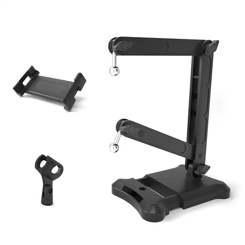 Tablet Holder For Microphone Stand 2-in-1 Tabletop Cellphone Microphone Bracket Weighted Base Tablet Desk Holder For Recording