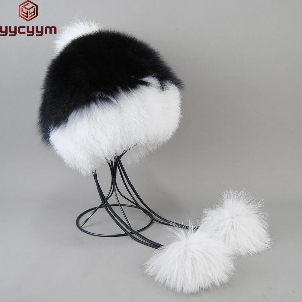 Women Winter Ushanka Hats Bomber Russian Woman Fluffy Trapper Natural Fox Fur Cap Warm Round Ladies Real Fox Fur Hat