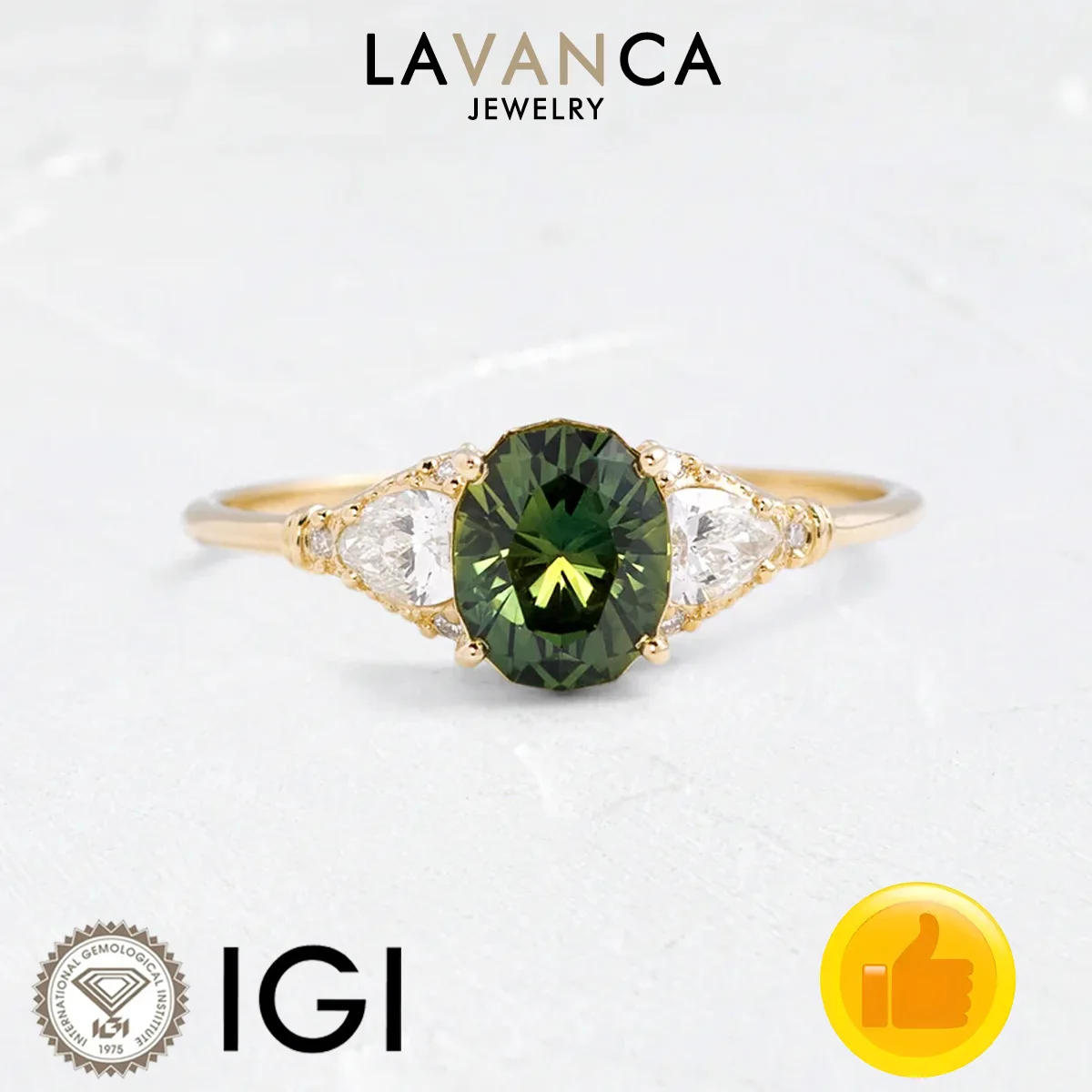 Three Stone Style Lab Sapphire Ring Center Stone Oval Lab Green Sapphire and Pear Lab Diamond Ring 9K/14K/18K Yellow Gold Ring