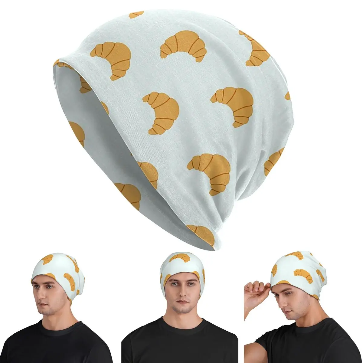 

Cute Croissant Print On Blue Background Skullies Beanies Hats Warm Autumn Winter Outdoor Cap Knitted Bonnet Caps for Unisex