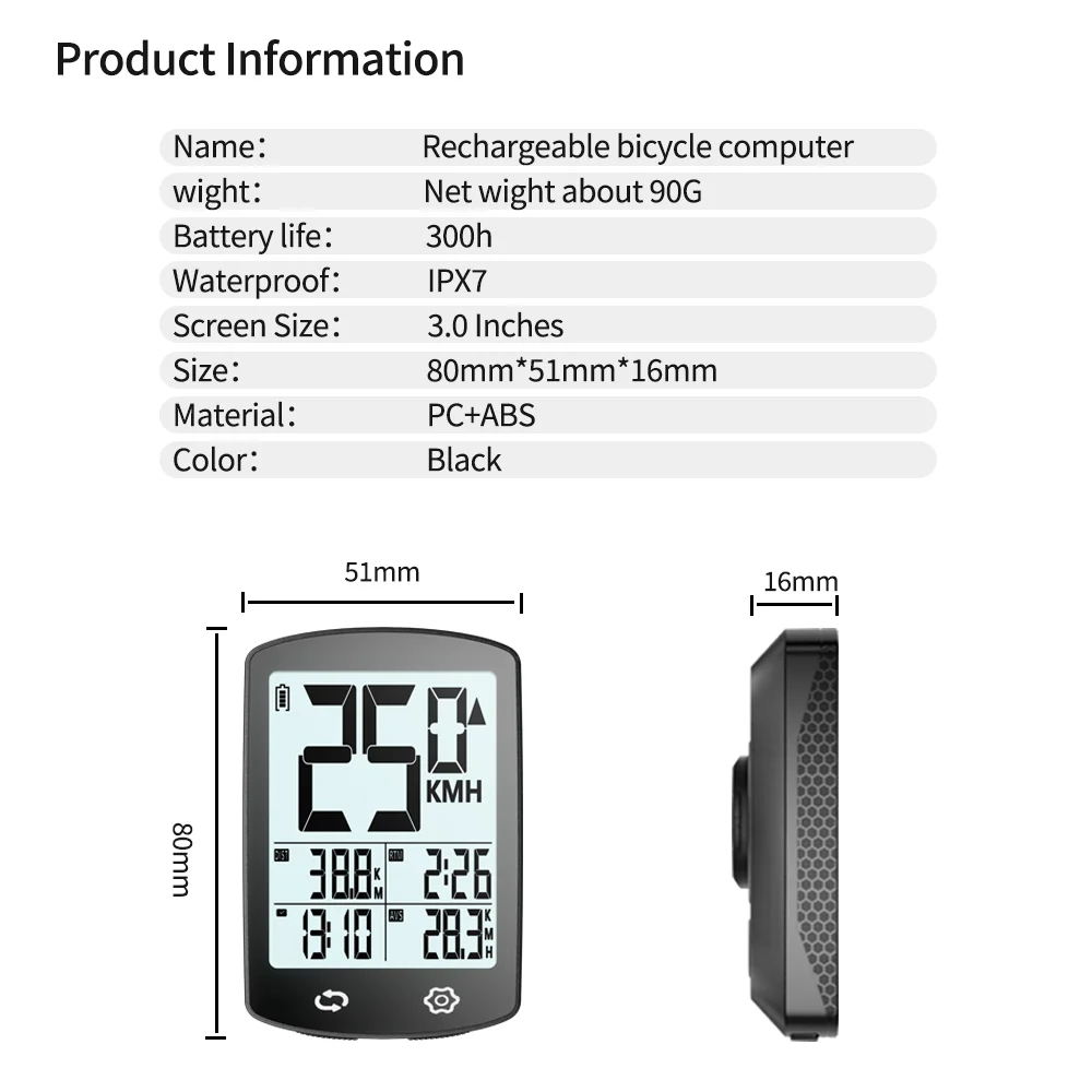 Kabelloser Fahrradcomputer mit großem Bildschirm, USB-Aufladbar, Extrem Lange Standby-Zeit, Fahrradtacho, Wasserdichter Radkraftmesser – Detail 3