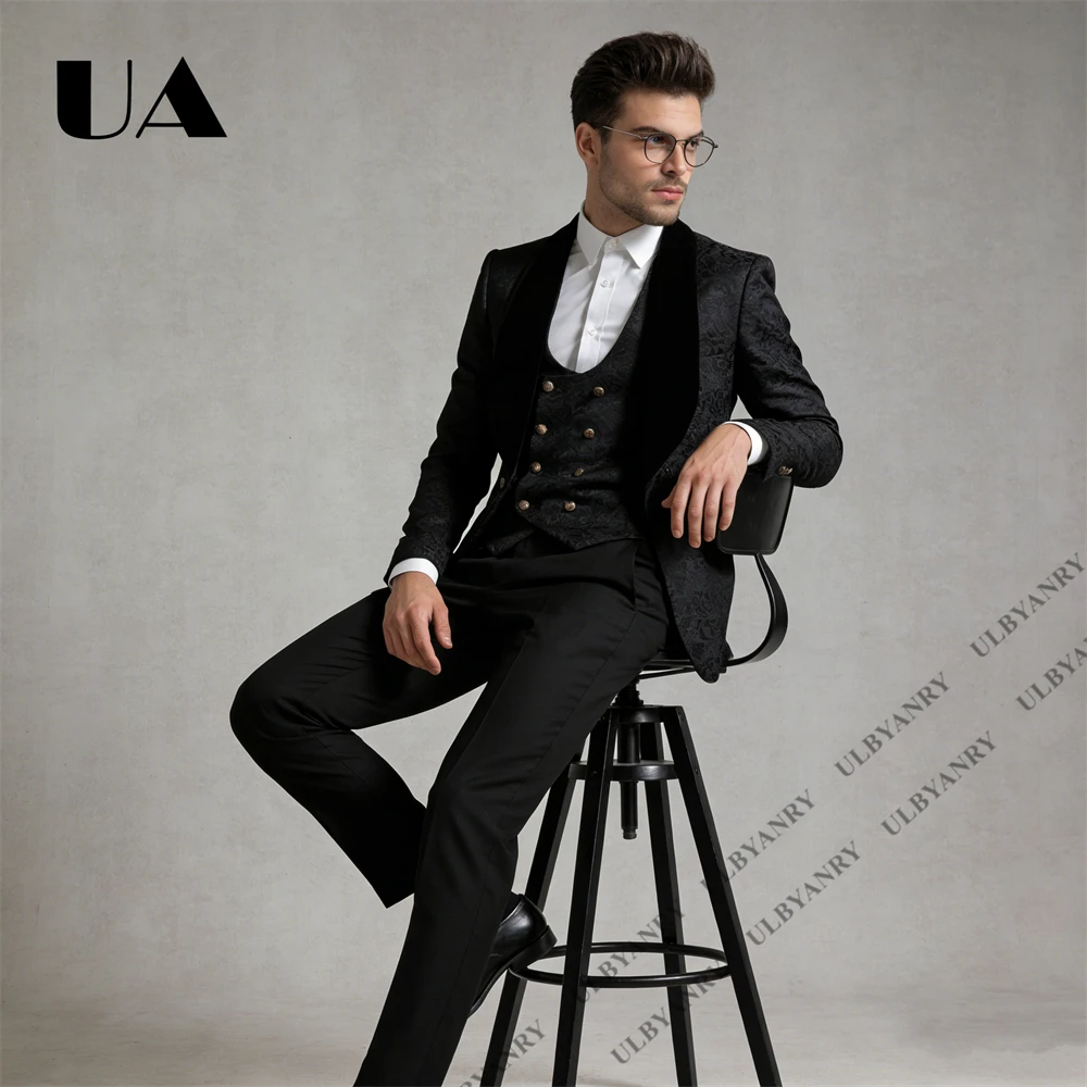 

Мужской черный фрак из бархата с шалевым воротником, золотыми пуговицами, 3 предмета, для официальных мероприятий, свадеб и торжественных ужинов, приталенный крой.