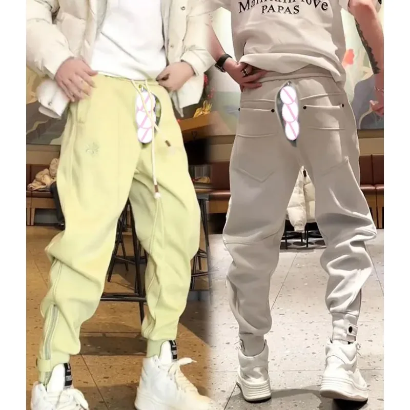 Open Crotch Outdoor Sex Men's Sweatpants Zipper Legs Bottom Tapered Track Traning Running Athletic Workout Basketball Slim Pants