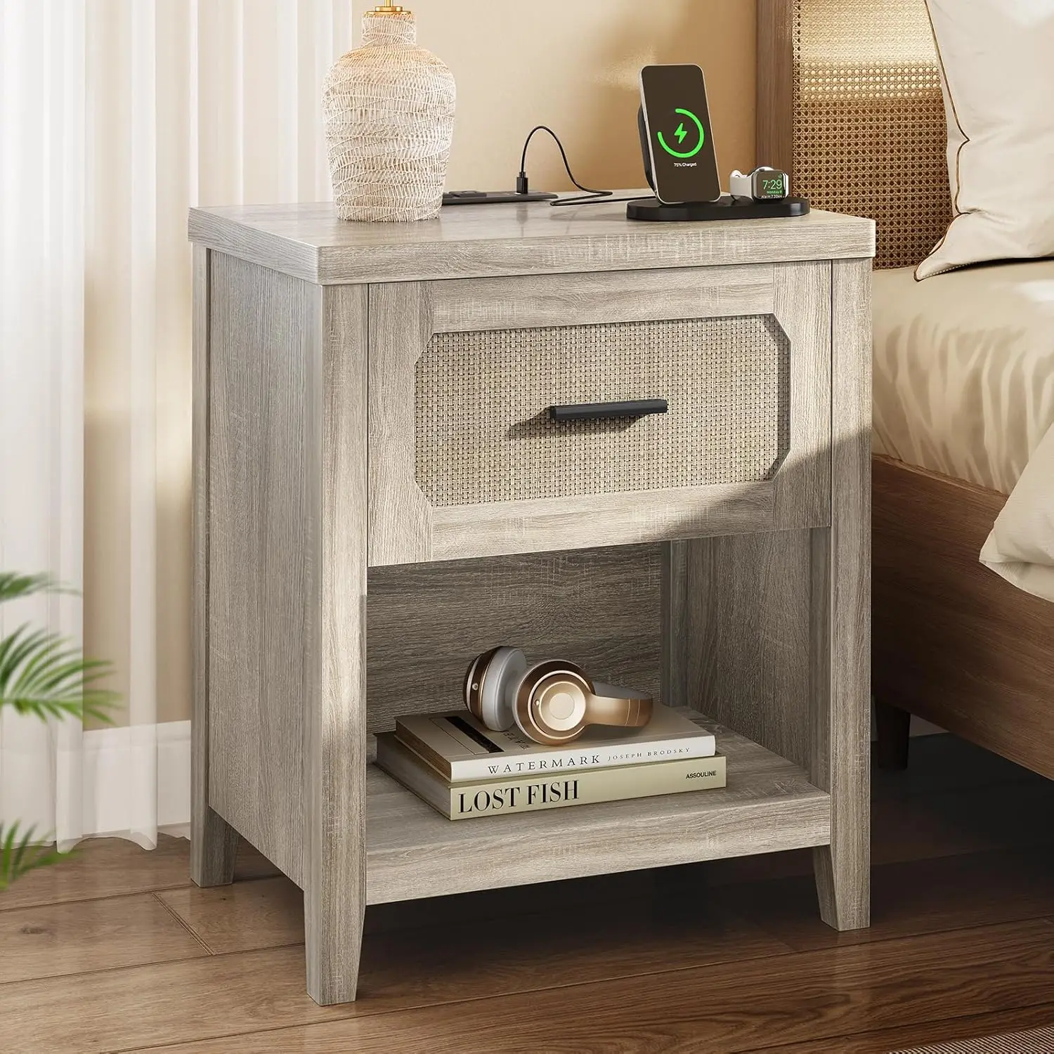 

22" Wide Rattan Nightstand Charging Station Drawer Open Shelf Bedroom Storage Grey Oak, Customized