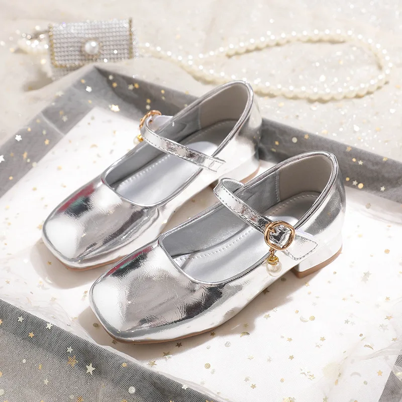 Girls Silver Block Heel Mary Janes Fall Spring children's Non-Slip Dress Shoes Soft Sole Flower Girl & Recital Pumps Kids
