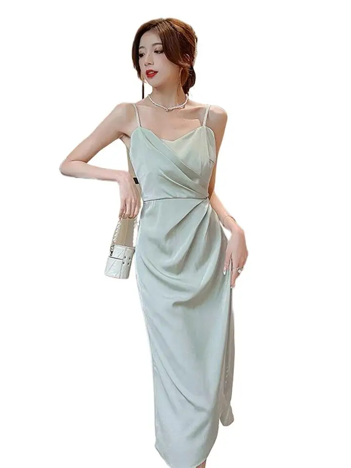 

Bohemian Beach Pleated Slip Acetate Satin Dress High Waist Solid Pullover Elegant ice silk Dresses Sexy Split Satin Dress Boho