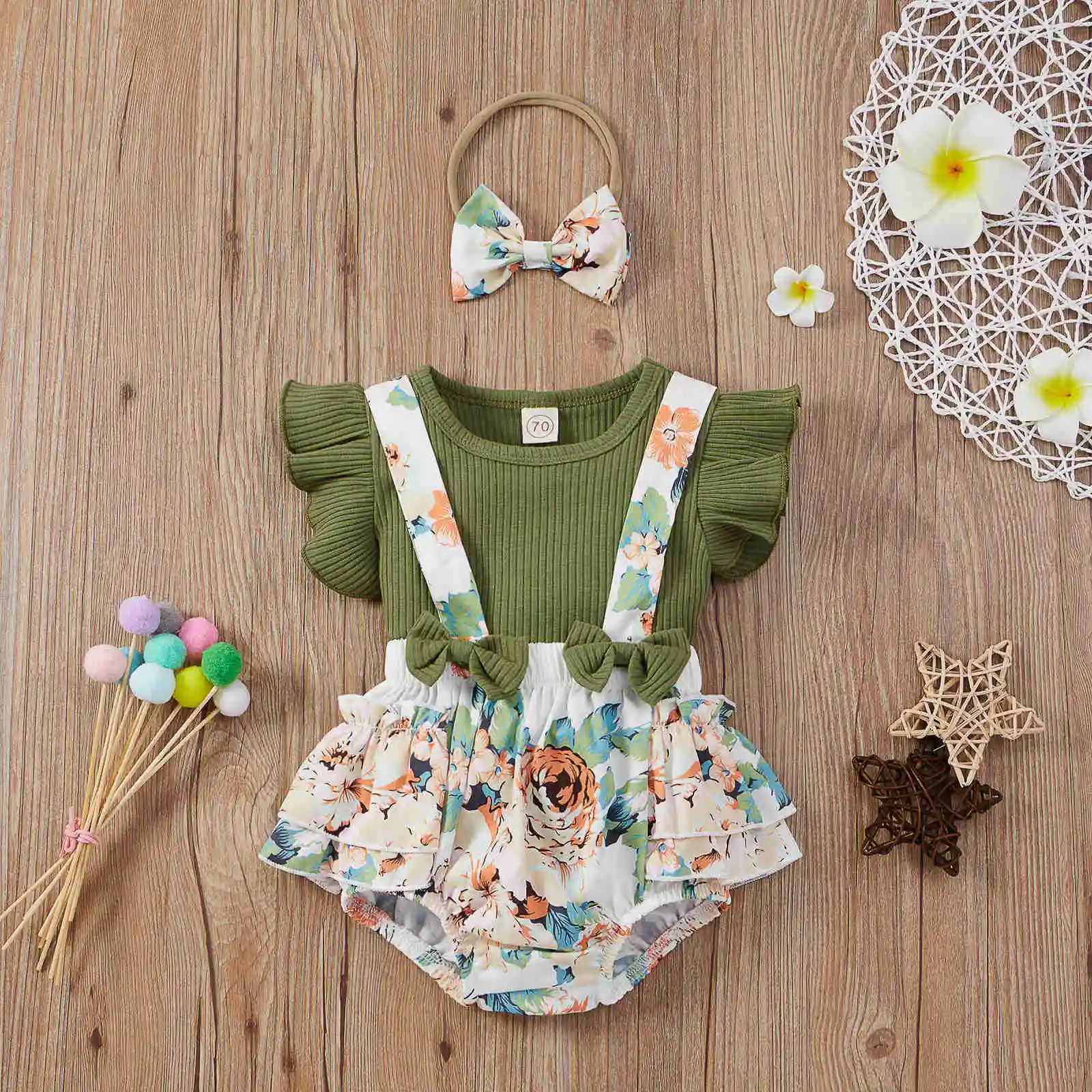 

Princess Summer Toddler Baby Girls Clothes Short Sleeve Romper+suspender Shorts+headband 3pcs Sunflower Print Infant Clothing