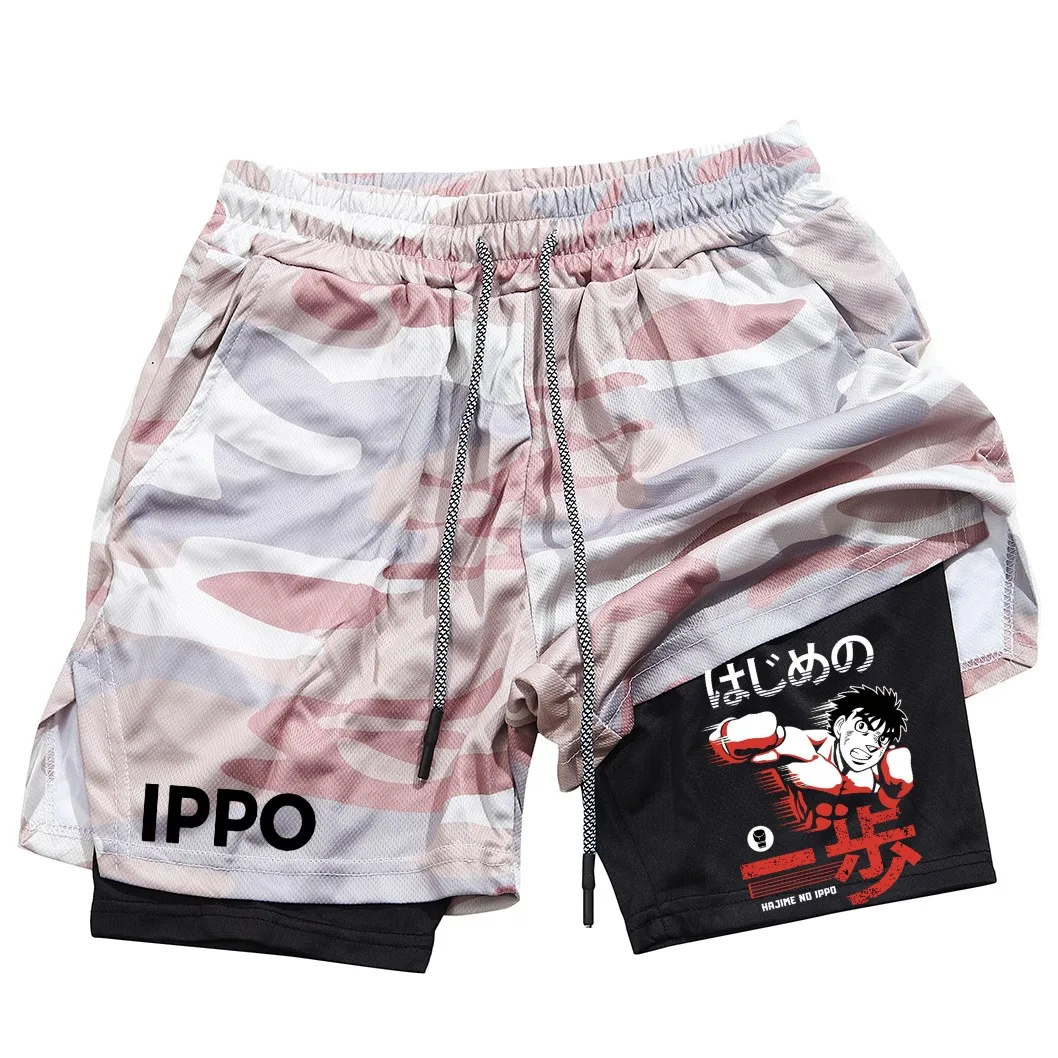 Anime IPPO Print 2 in 1 Compression Shorts for Men Athletic Performance Gym Shorts with Pockets Quick Dry Fitness Workout Boxing