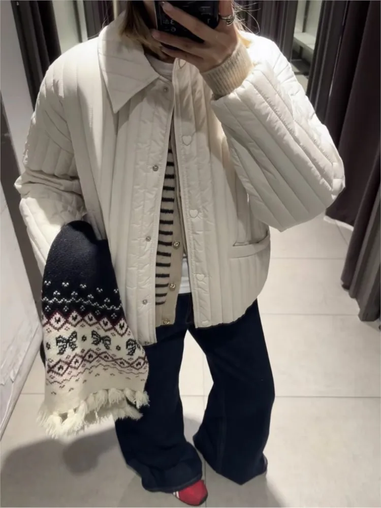 

Fashion Loose Jacket Coat Women Elegant Heart Breasted Turndown Collar Long Sleeve Quilted Light Cotton Jackets 2025 New Autumn
